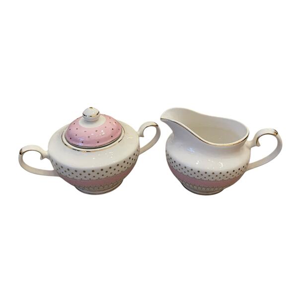 Grace Teaware Fine Porcelain Creamer & Sugar Bowl Pink White Gold Polka Dots New - Picture 5 of 16